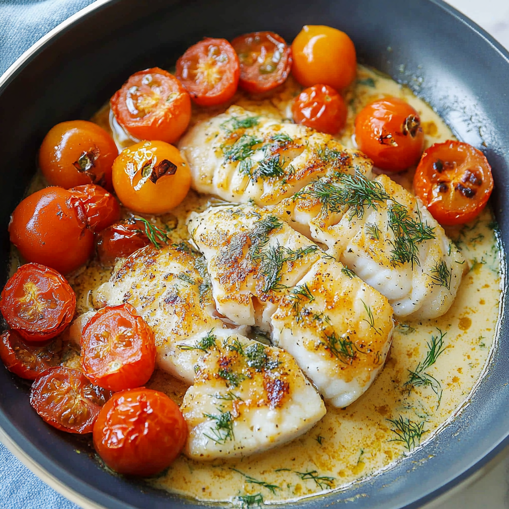 Grilled Cod with Roasted Tomatoes & Creamy Dill Sauce