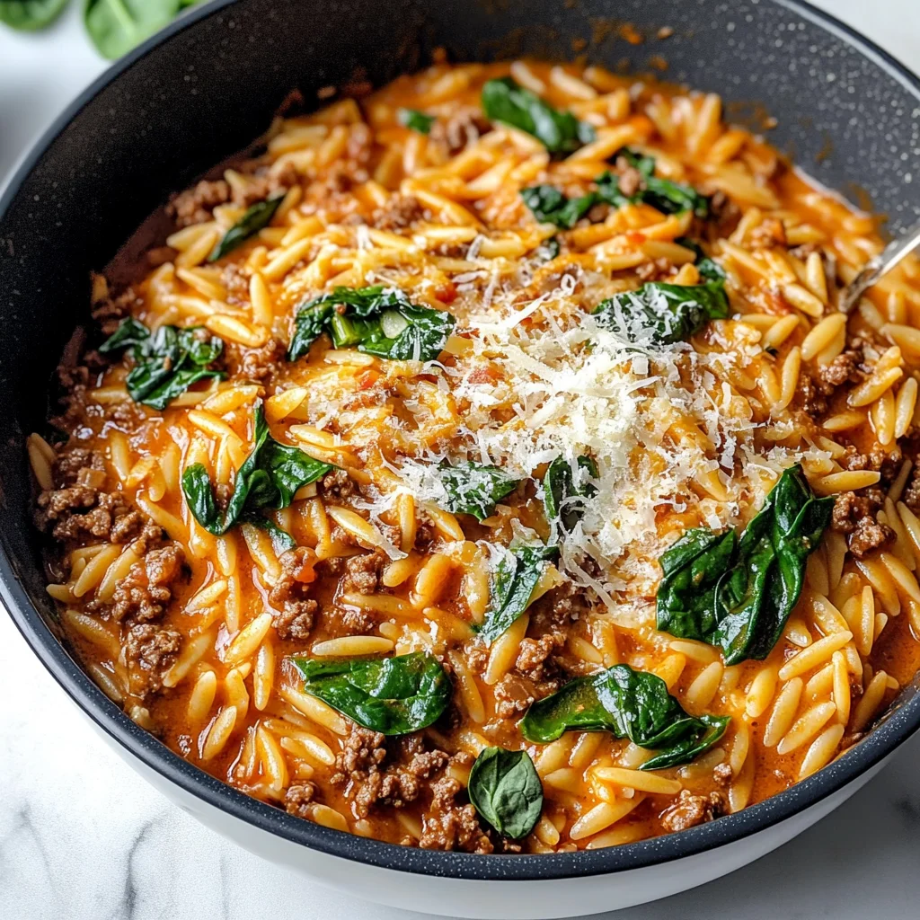 Hearty Ground Beef Orzo with Tomato Cream Sauce