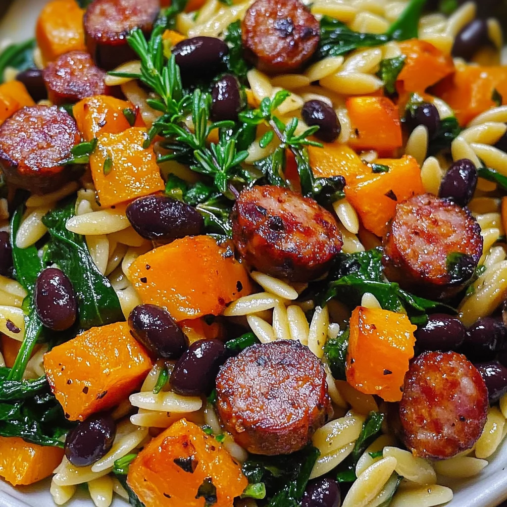 Butternut Squash and Black Bean Orzo with Sausage and Spinach