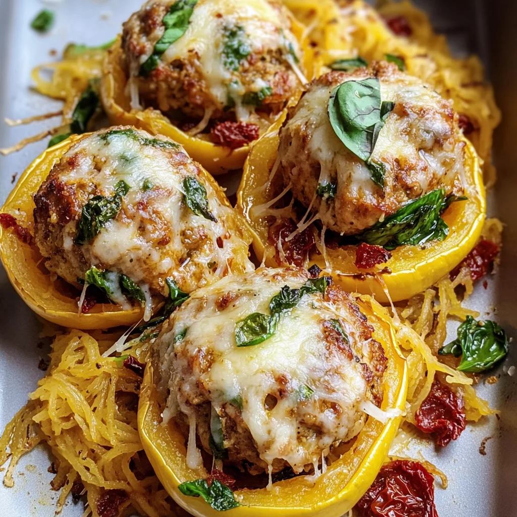 Garlic Butter Chicken Meatballs Stuffed In Spaghetti Squash:
