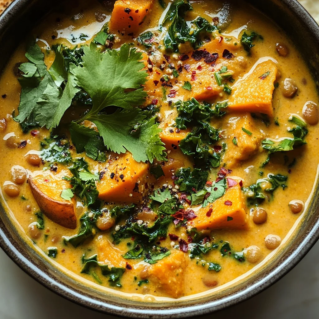 Ginger Sweet Potato and Coconut Milk Stew with Lentils and Kale
