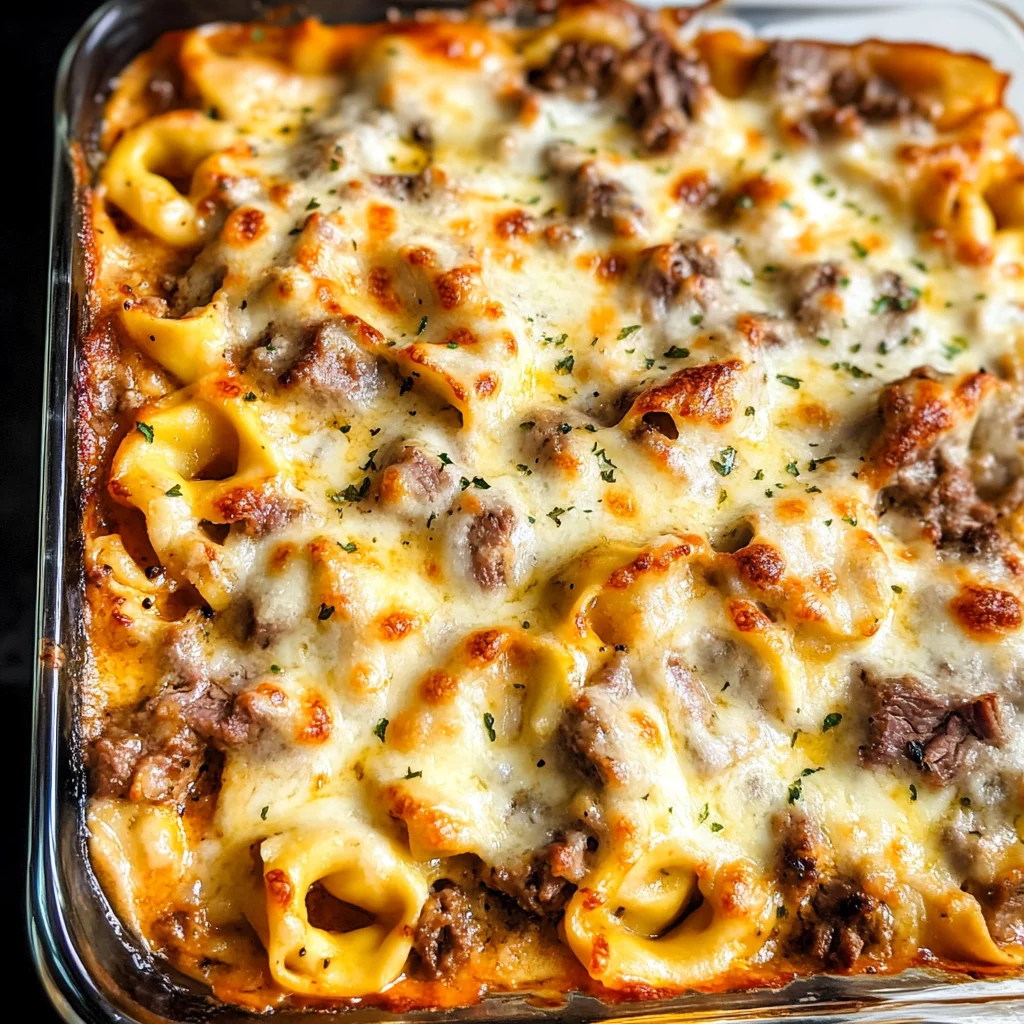 Golden Cheese Steak Tortellini Casserole