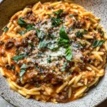 Ground Beef Orzo with Tomato Cream Sauce and Fresh Basil