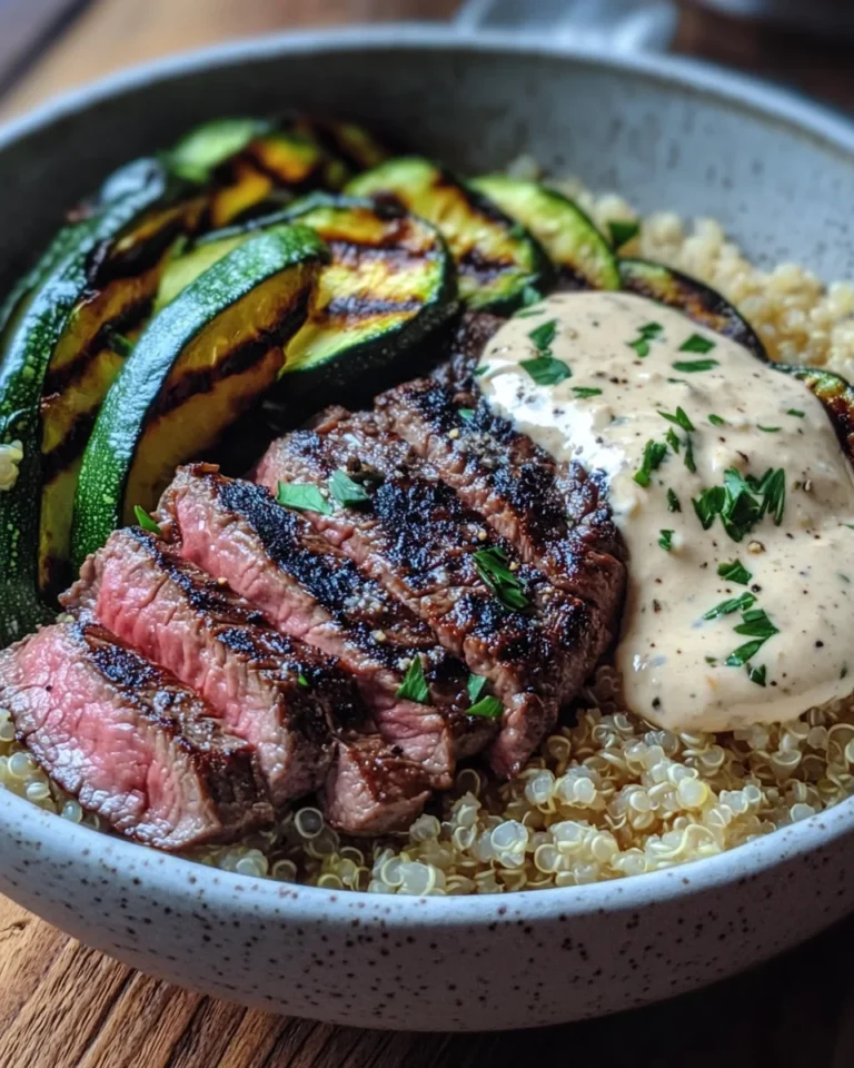 Grilled Steak Bowl with Creamy Sauce & Grilled Zucchini