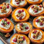 Roasted Sweet Potato Rounds with Herbed Ricotta, Walnuts, and Cranberries