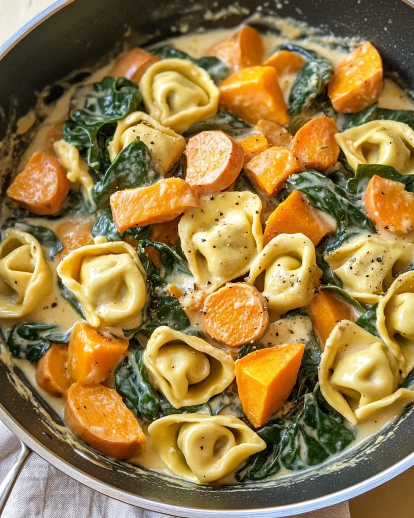Creamy Skillet Tortellini with Sweet Potato and Spinach