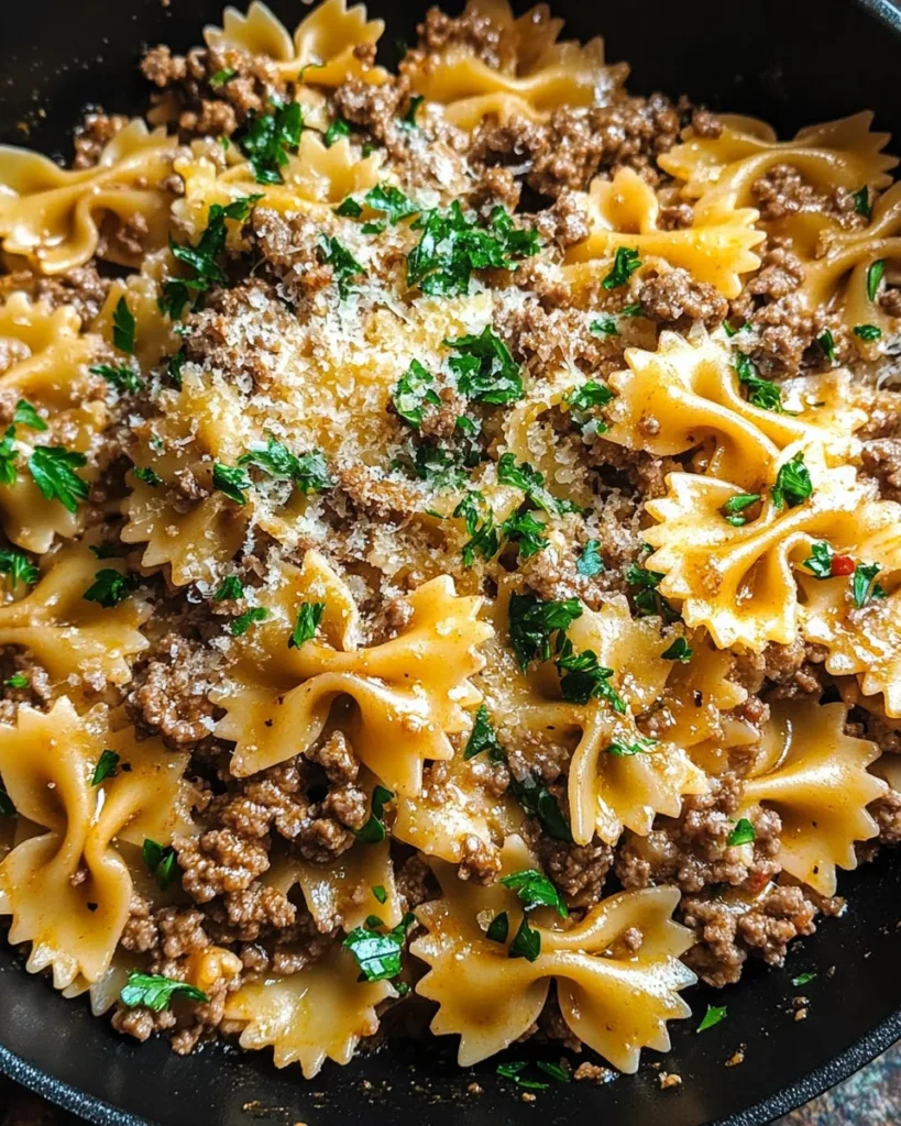 Garlic Butter Bowtie Pasta with Ground Beef Recipe