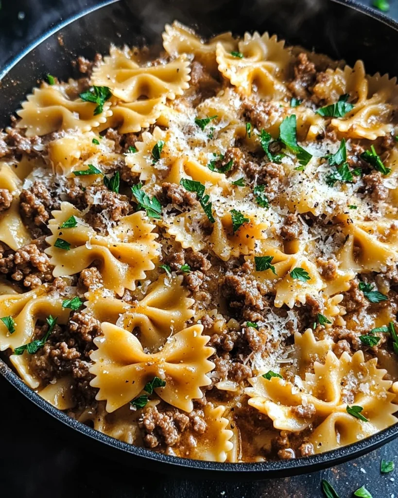 Garlic Butter Bowtie Pasta with Ground Beef Recipe