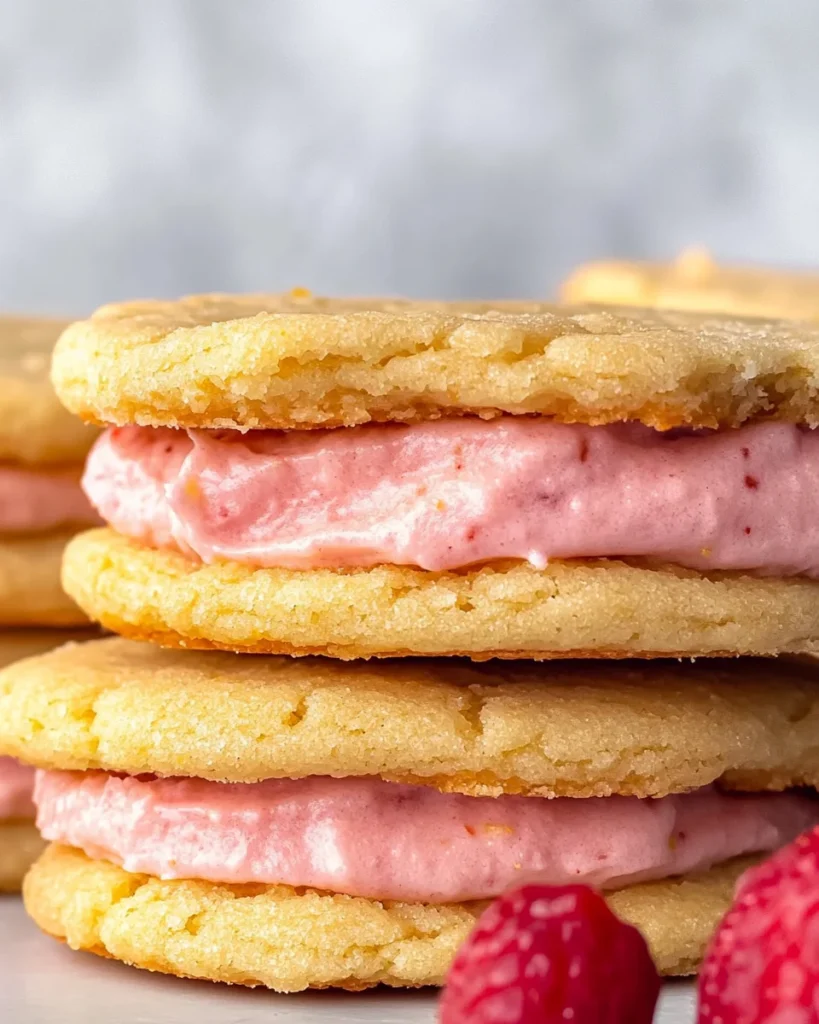 Lemon Sandwich Cookies with Strawberry Frosting