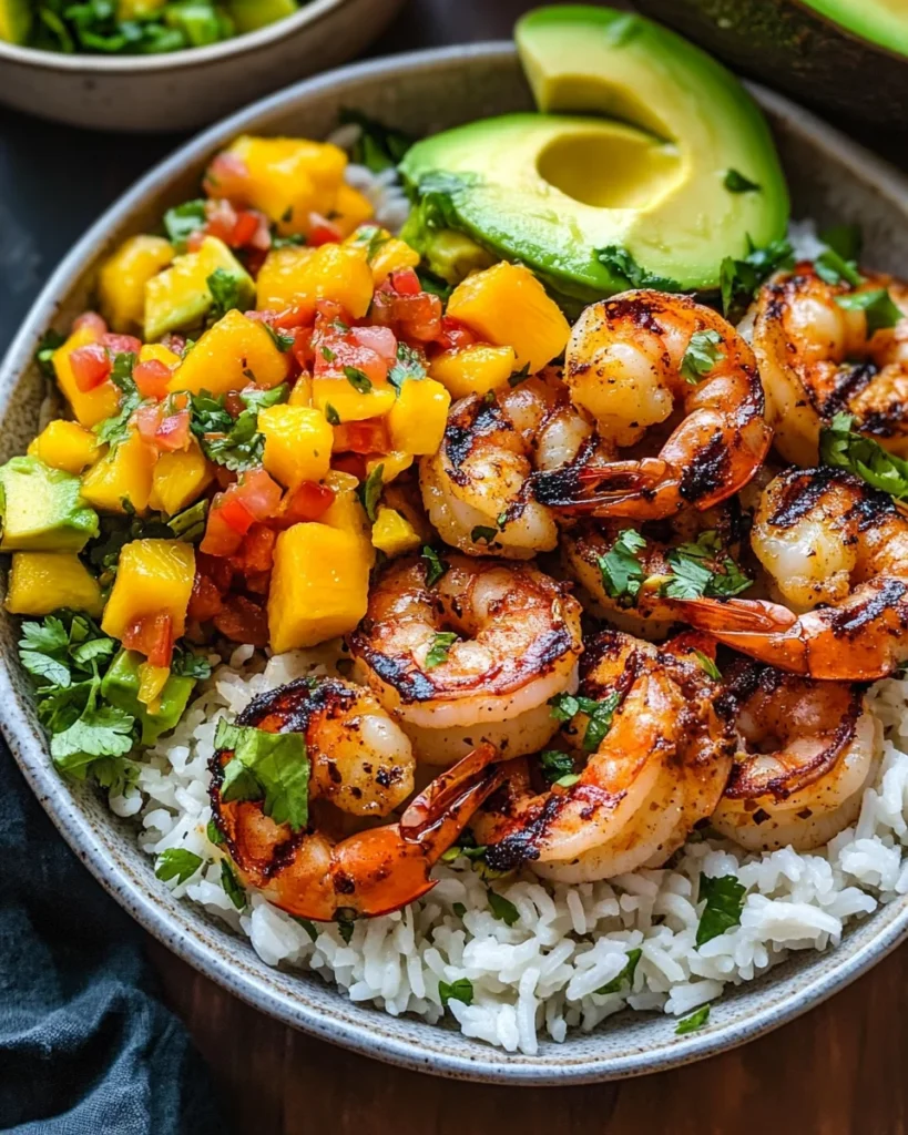 Shrimp and Avocado Bowls with Mango Salsa & Lime-Chili Sauce
