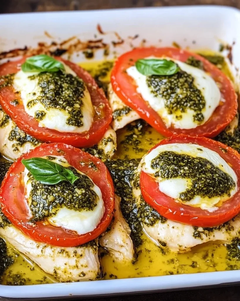 Basil Pesto Tomato Mozzarella Chicken Bake