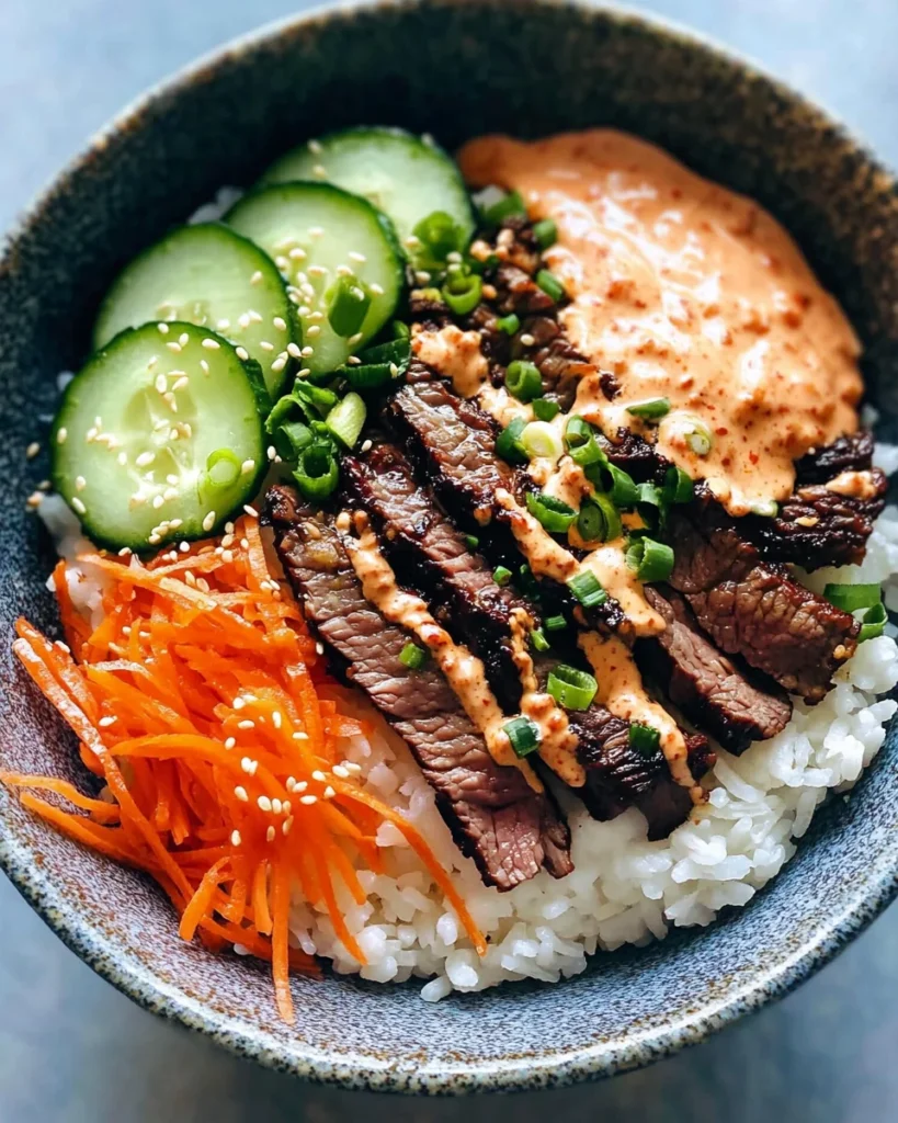 Korean BBQ Steak Rice Bowls with Spicy Cream Sauce