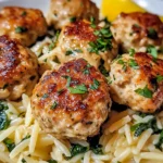 Lemony Chicken Ricotta Meatballs Over Garlic Spinach Orzo