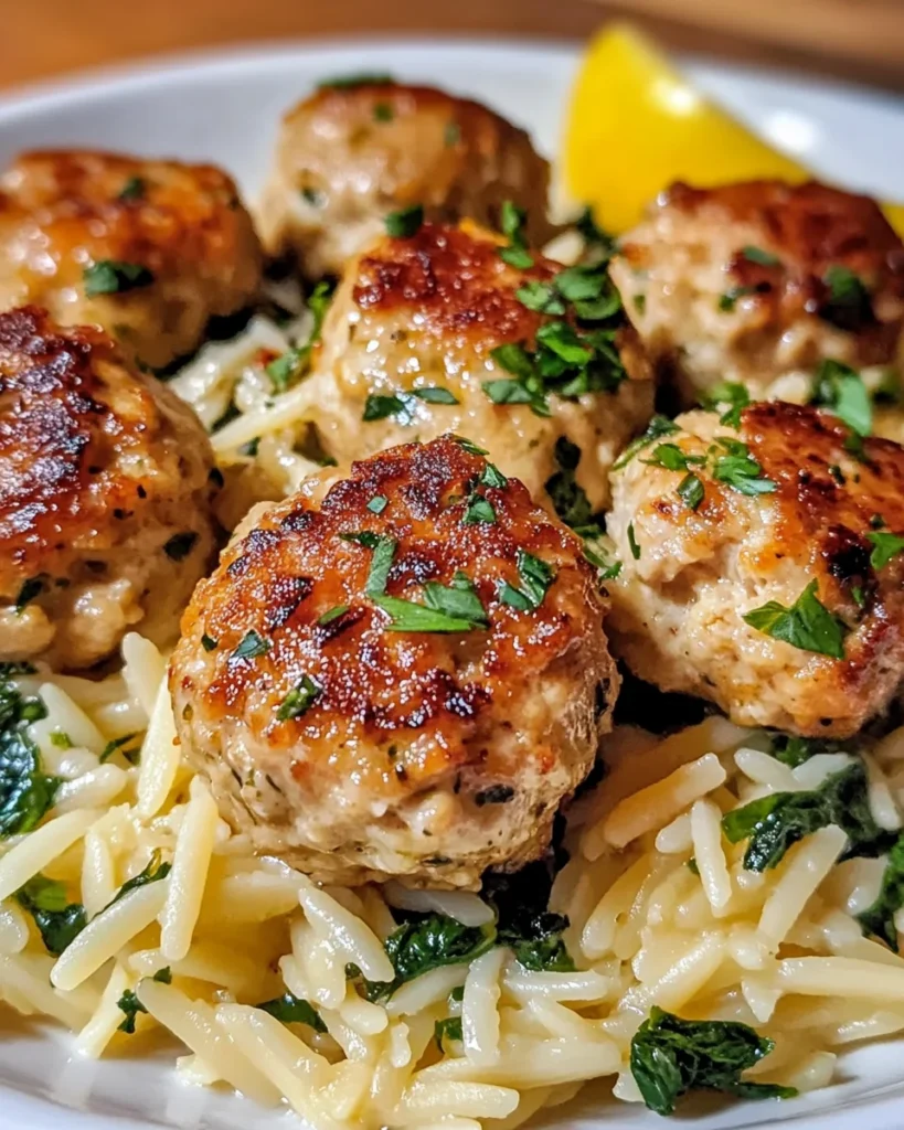 Lemony Chicken Ricotta Meatballs Over Garlic Spinach Orzo